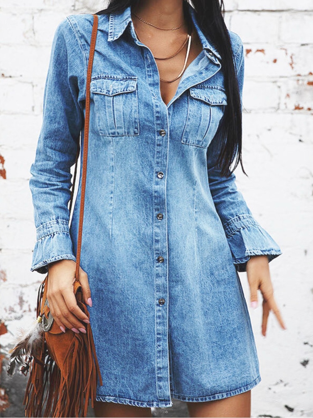 🩵Hello Gorgeous! Denim Button-Front Shirt Dress - Blue